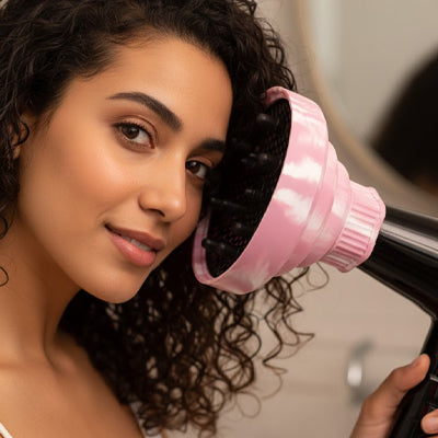 souriante tenant une seche cheveux