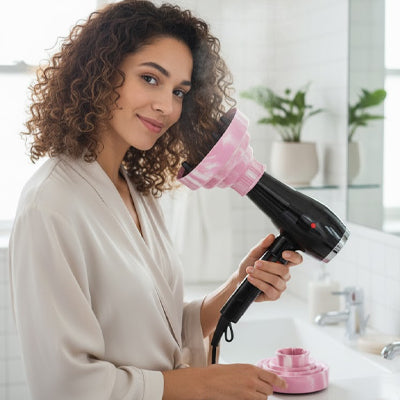 une fille souriante tenant une seche cheveux